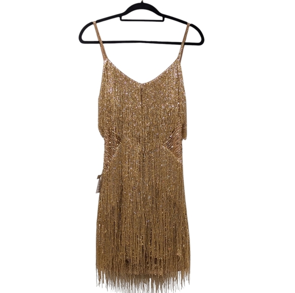NWT Nadine Merabi Tammy Gold Fringe Beaded Mini Dress Size 10 - Picture 4 of 12